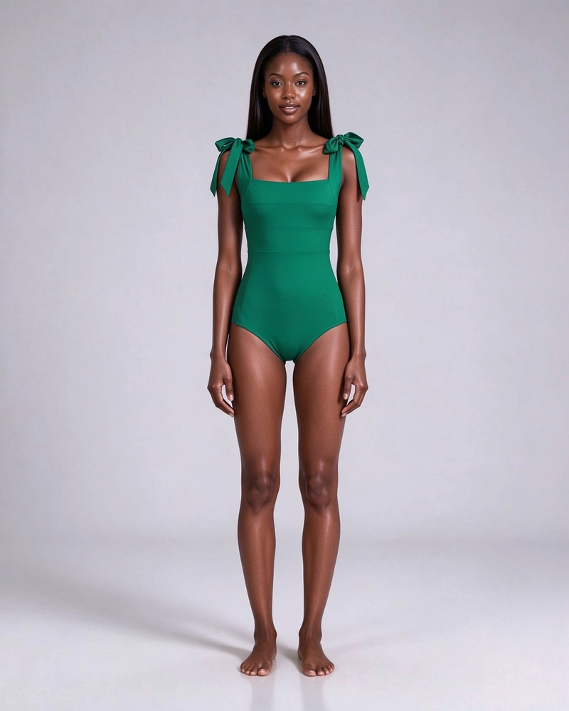 Tie-Shoulder Square-Neck One-Piece Swimsuit, front view